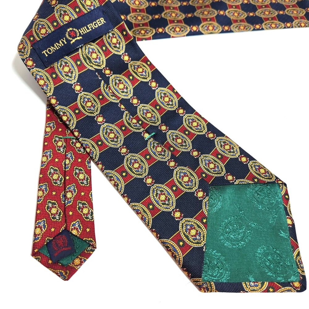 Men's Silk Tie Tommy Hilfiger Blue Red Gold Medallions 4in. wide 57 in. Long - Picture 4 of 5
